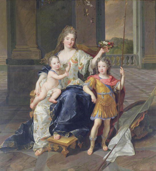 Painting of the Duchess of La Ferte-Senneterre with the future Louis XV on her lap (then styled the Duke of Anjou) and the Duke of Brittany standing n